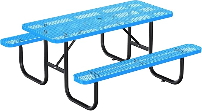 6FT/72IN Heavy Duty Outdoor Picnic Table and 2 Benches for 4-8 People, Weather Resistant Rectangular Steel Picnic Table Set with Umbrella Hole for Yard Patio Lawn Party Blue