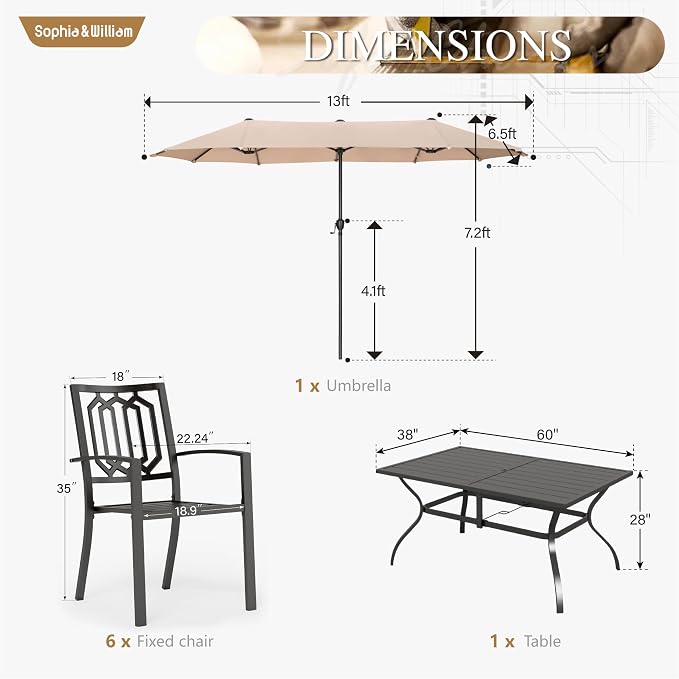 Sophia & William Patio Dining Set for 6 with 13ft Double-Sided Umbrella | 8 Piece Metal Outdoor Table Furniture Set, 6 Outdoor Chairs, 1 Rectangle Dining Table and 1 Large Beige Umbrella