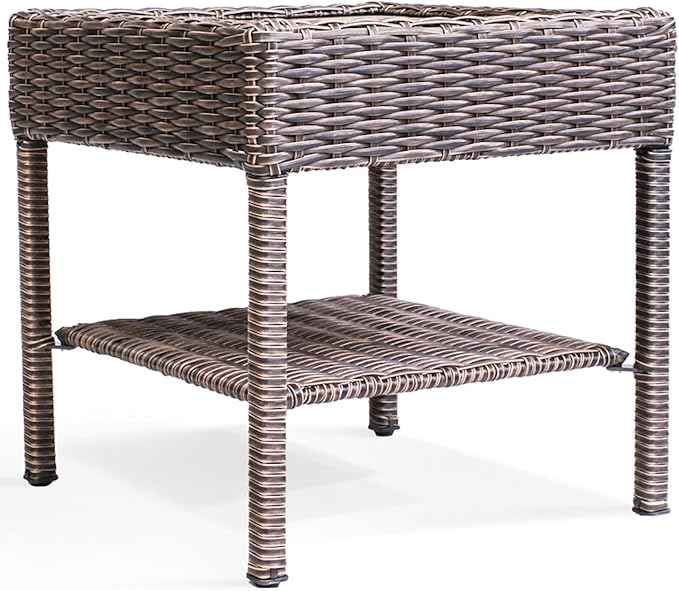 Cambridge Outdoor Wicker Side Table, 2-Tier All-Weather HDPE Rattan Patio End Table with HIPS Tabletop and Storage Shelf for Garden Porch Deck, Brown