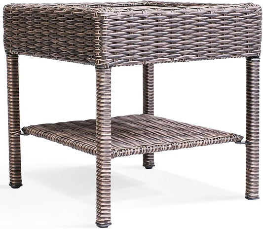 Cambridge Outdoor Wicker Side Table, 2-Tier All-Weather HDPE Rattan Patio End Table with HIPS Tabletop and Storage Shelf for Garden Porch Deck, Brown