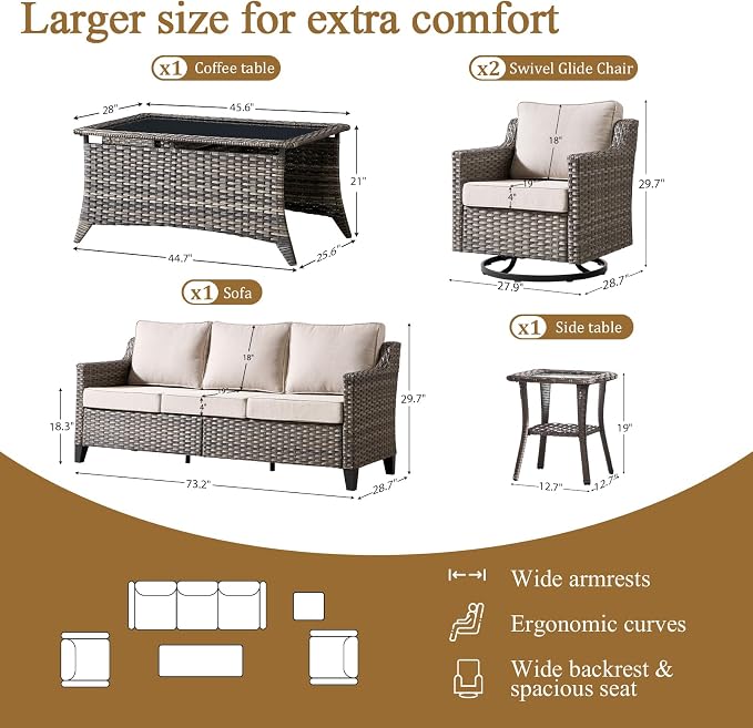 Luxury Patio Furniture sofa Set - 5 Pieces All Weather Wicker Outdoor Couch and High Back Swivel Rocker Patio Chairs with Glass coffee table for Deck Yard and Poolside Gray Wicker | Beige Cushions