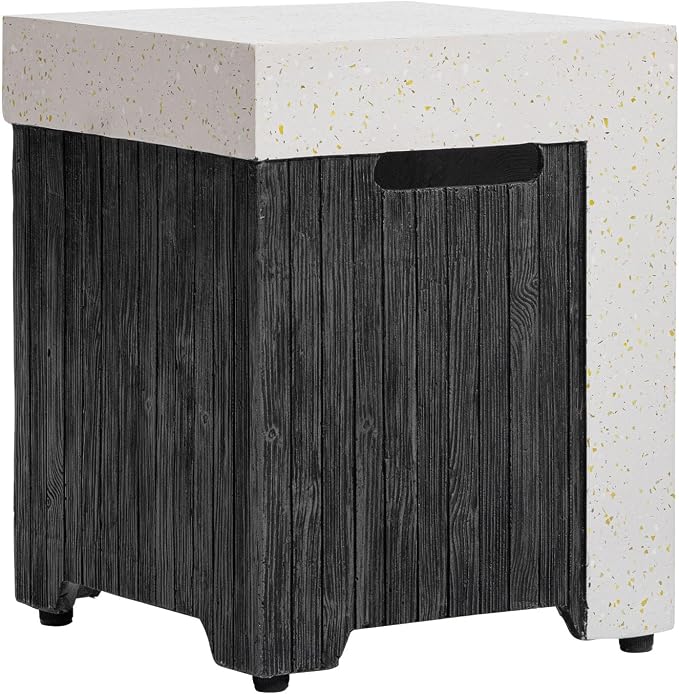 COSIEST Outdoor Propane Tank Cover Table with Wood Grain Design, 16 inch Outside Hideaway Tank Table, Hides Standard 20lb Tank, Black & White