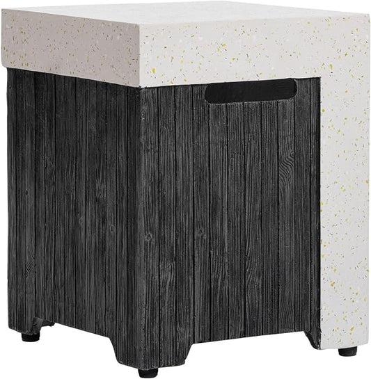 COSIEST Outdoor Propane Tank Cover Table with Wood Grain Design, 16 inch Outside Hideaway Tank Table, Hides Standard 20lb Tank, Black & White