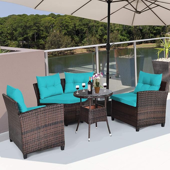 COSTWAY 4-Piece Patio Furniture Set, Wicker Rattan Sofa with Cushions and Coffee Table, Outdoor Sectional Conversation Sofa Set for Poolside Backyard Lawn Backyard (Turquoise)