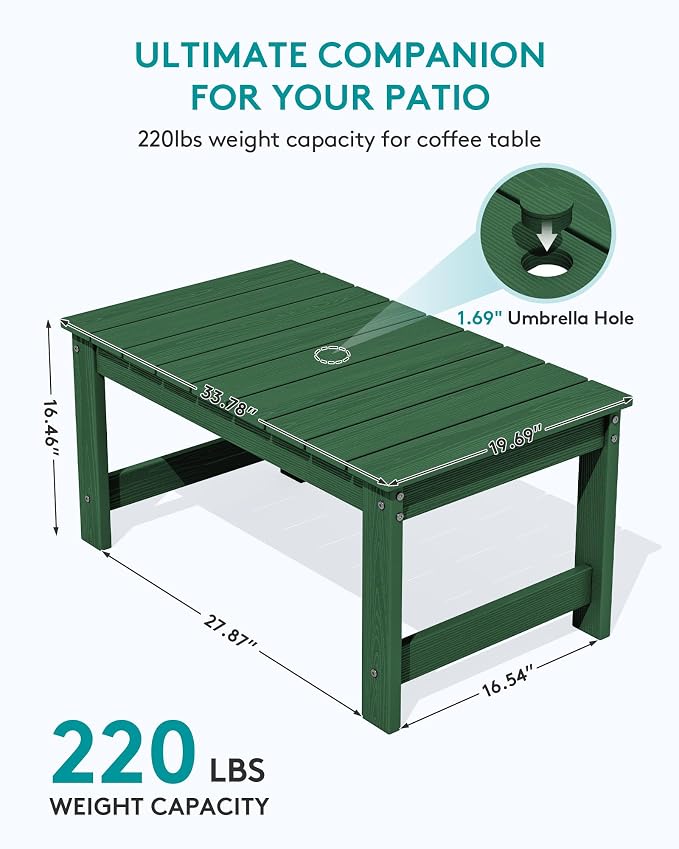 SERWALL Outdoor Coffee Table with 9FT Umbrella, HDPE Patio Coffee Table for Outside, Rectangle, Green(Not Include Umbrella Base)