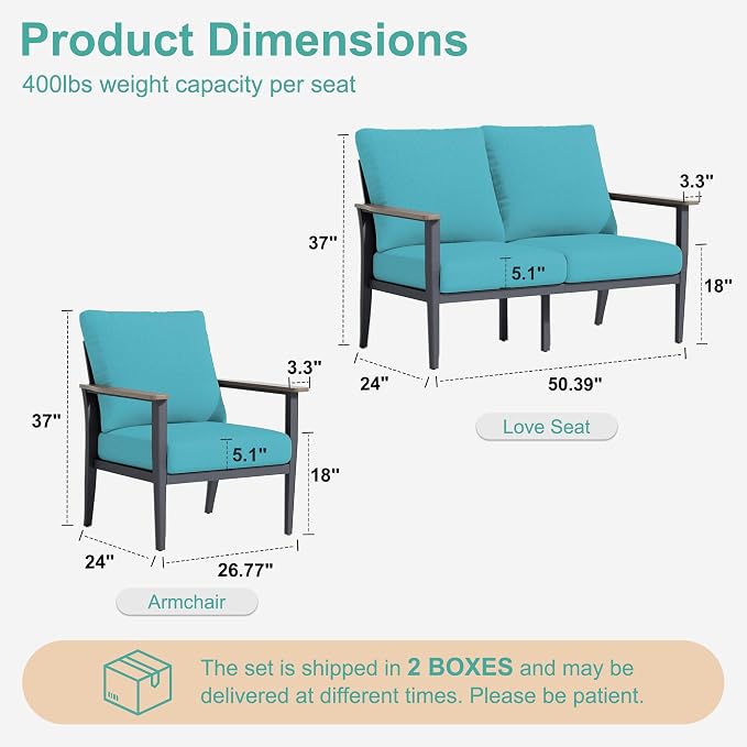 Aluminum Outdoor Patio Furniture Set 4-Seat, Patio Conversation Set Sectional Furniture Set with High Backrest & Thickened Cushions for Garden, Backyard, Poolside, Turquoise