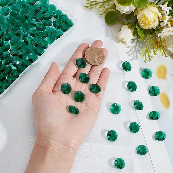 1 Box 120Pcs 14mm Glass Octagon Beads 2 Hole Crystal Prism Beads Sun Catcher Dark Cyan Chandelier Replacement Connector Faceted Spacers for Suncatchers DIY Lamp Hanging Pendants Jewellery
