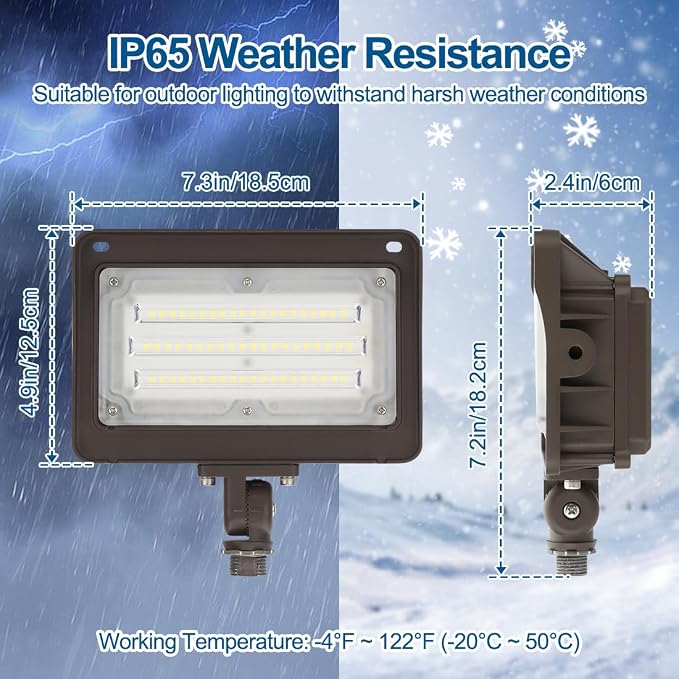 50W LED Flood Light Outdoor, Dusk-to-Dawn Photocell 180° Adjustable Knuckle, 6500LM 5000K Replaces 150-200W HPS/MH, IP65 Waterproof Outdoor Security Lighting Fixture, 100-277Vac, ETL Listed