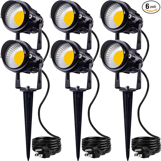 SUNVIE LED Outdoor Spotlight 12W Landscape Lighting 120V AC Waterproof Landscape Lights Spot Lights for Yard with Spiked Stake Warm White Flag Light Garden Decorative Lamp with US 3-Plug in (6 Pack)