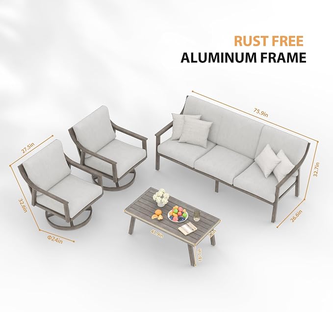 HAPPATIO 4-Piece Outdoor Patio Furniture Set for 5, Aluminum Outdoor Conversation Set Includes 1 Three-Seater Sofa, 2 Swivel Chairs, and 1 Coffee Table, Perfect for Porch, Deck, Garden, (Grey)