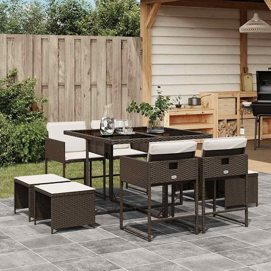 9 Piece Patio Dining Set with Cushions Brown Poly Rattan Outdoor Rattan Furniture Set with Folding Chairs, Space-Saving Design, Glass Tabletop for Garden Backyard Poolside Entertaining, 242. 5 lb