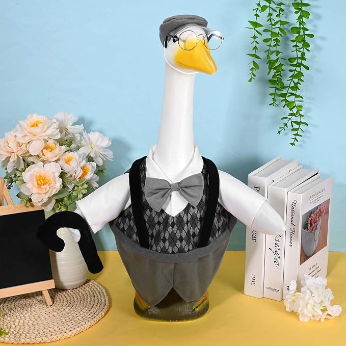Old Man Goose Outfits Porch Goose Clothes Fits 23" Cement Plastic Goose Statue Grandpa Goose Outfit with Wig Glasses Pearl Necklace for School Outdoor Garden Lawn Yard Patio Art Decor (Style2)