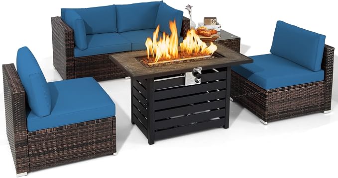 Tangkula 6-Piece Patio Furniture Set with 42 Inches Propane Fire Pit Table, Outdoor Wicker Conversation Set with Cushions and Tempered Glass Coffee Table, 50,000 BTU Gas Fire Pit Table (Navy)