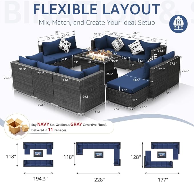 NICESOUL 13 Piece L-Shaped Outdoor Furniture Conversation with Fireplace Natural Gas/Propane, 29.3'' High Back Oversized Rattan Sofa Couch, Wide Deep Seated Patio Sectional, 2 Color Cushion Navy&Grey