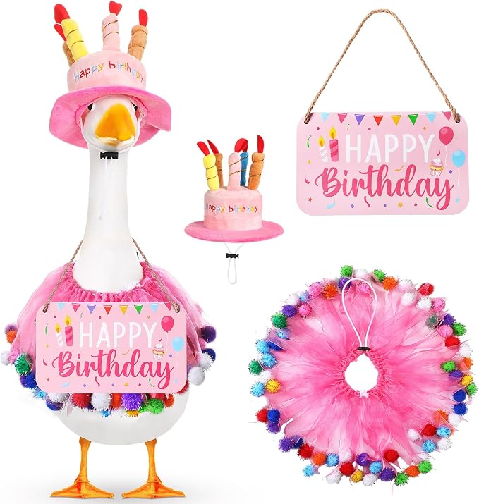 Happy Birthday Porch Goose Outfit Lawn Goose Cloth Costume for 23" Cement Plastic Patio Yard Statue Outdoor(Pink,Tutu Skirt)