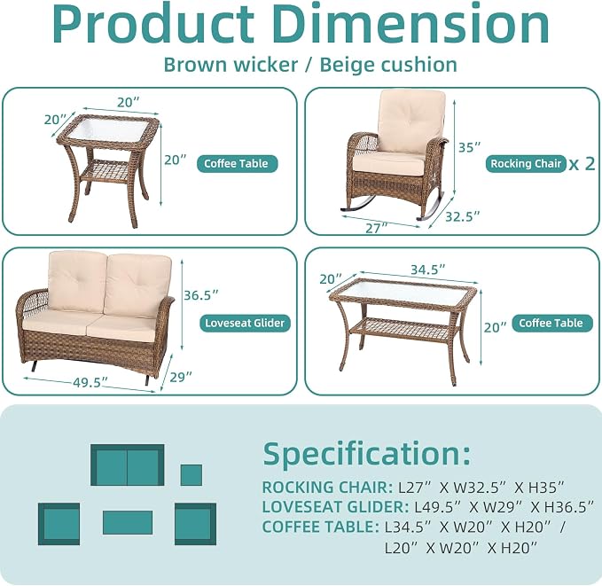 MEETWARM 5 Pieces Outdoor Wicker Patio Conversation Sets with Glider Loveseat, 2 Chairs with 2 Glass-Top Coffee Table Rocking Glider Set, Wicker Conversation Set with Thickened Cushions, Beige