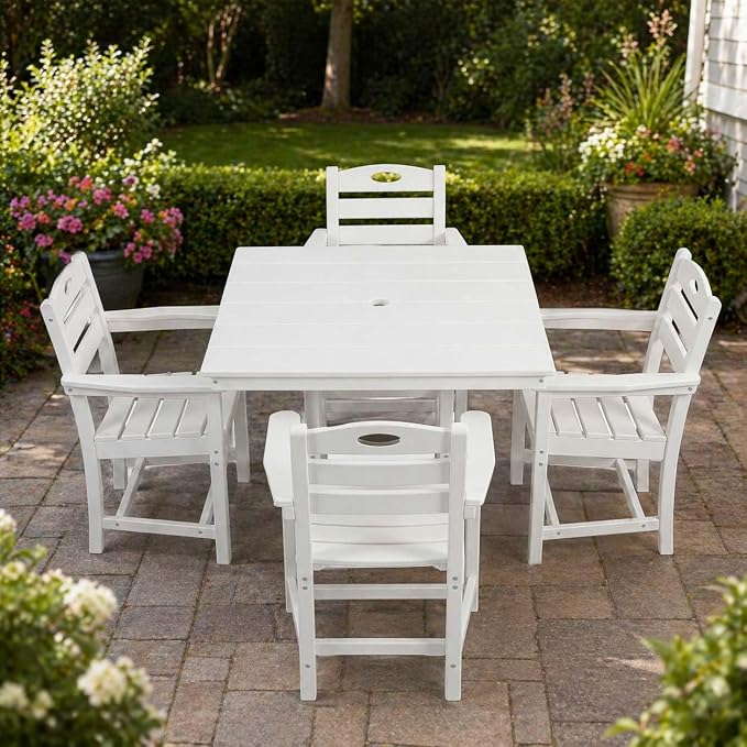 WILLIAMSPACE 37.8" Outdoor Patio Dining Set with 4 Armchairs, All Weather HDPE Square Dining Table with Umbrella Hole, Patio 5-Piece Bistro Set for Backyard, Balcony, Lawn, Kitchen (White)