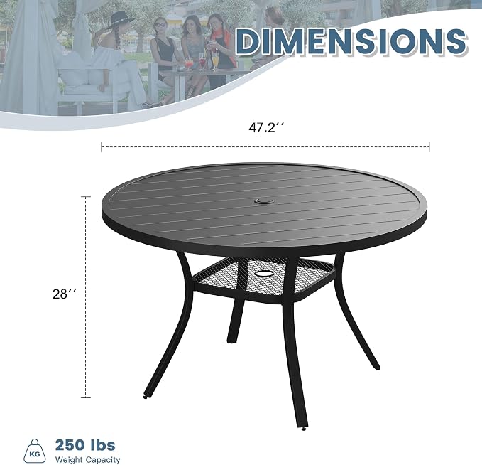 DIFY 47.2" Outdoor Dining Table for 6, Metal Slat Round Patio Table with 1.57" Umbrella Hole, Black Round Patio Dining Table for Garden Backyard Porch