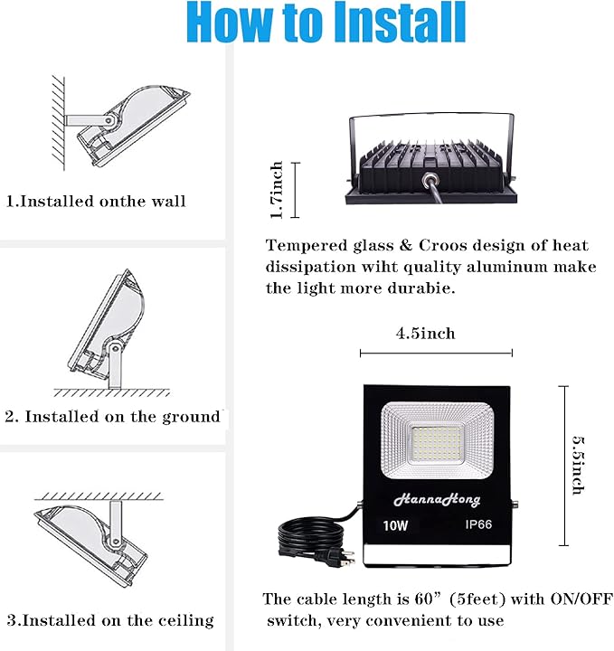 10W LED Flood Light with ON/Off Switch Plug in,Cool White,Security/Work/Plant Grow Outdoor Light,IP66 Waterproof,Reflector Spotlight for Porch, Garage,Patio,Yard,Garden
