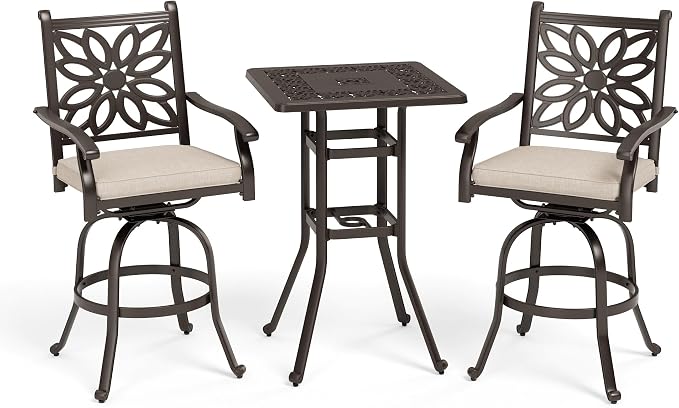 MFSTUDIO 3 PCS Cast Aluminum Patio Bar Set, Square Outdoor Table with 2 Outdoor Swivel Bar Stools, Bar Height Outdoor Table and Chairs Set