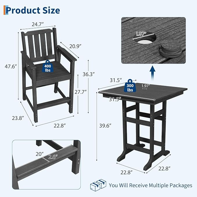 3-Piece HDPE Outdoor Bar Table and Stools Set, 39.6" Tall Pub Table with Umbrella Hole and 2 Counter Height Chairs, Weatherproof Patio Dining Furniture for Backyard, Balcony, Bistro, Dark Grey