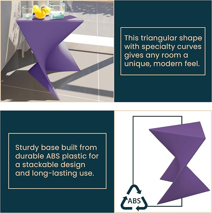 LeisureMod 15.75" Triangular Side Table, Stackable Plastic Accent End Table for Indoor & Outdoor Use, Weather-Resistant Modern Patio & Living Room Table, Set of 2, Purple