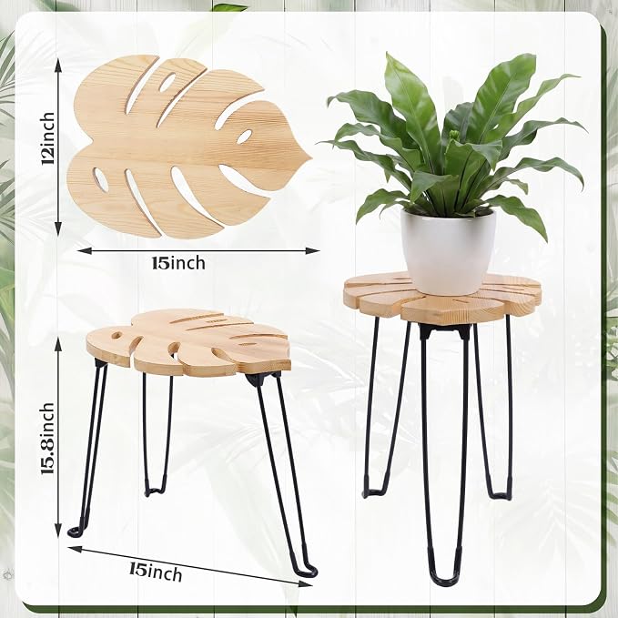 Gerrii Monstera Leaf Side Tables 15.8" h Wood & Metal Patio Table for Indoor Outdoor Use Plant Stand Small End Table Folding Stool for Living Room Bedroom Apartment Balcony Yard Picnic, Camping