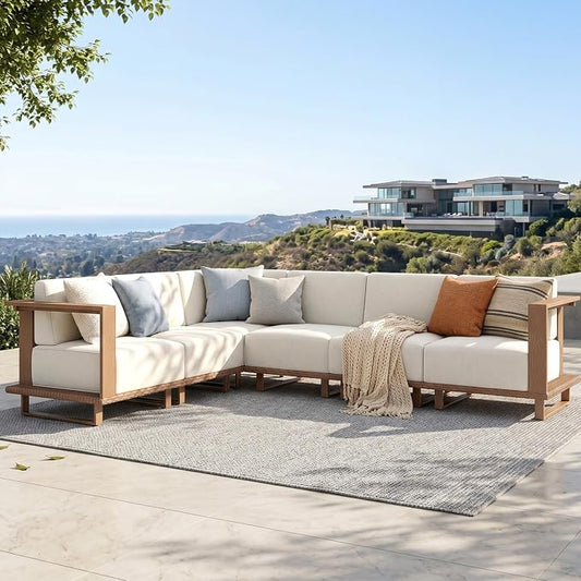 PHI VILLA HDPE Patio Furniture Set, 6 Pieces Sectional Outdoor Conversation Sets with 9.8" Thick Beige Cushions, L Shaped Modular Wicker Rattan Patio Sofa Couch for Garden, Backyard(Beige)