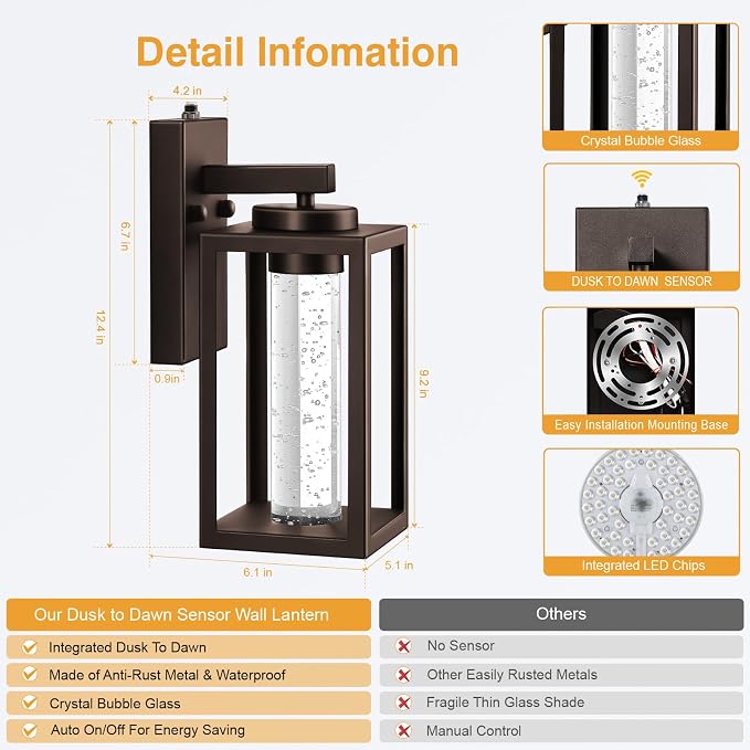 VIANIS Outdoor Wall Sconce Lantern, Farmhouse Oil-Rubbed Bronze Dusk to Dawn Exterior Garage Light Fixtures Wall Mount, Anti-Rust Built-in LED Porch Lights for House, Waterproof Outside Patio Lights