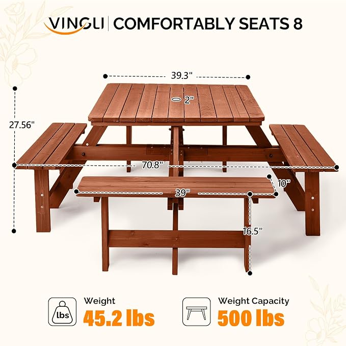 VINGLI 8-Person Wood Picnic Table Outdoor Sqaure Picnic Table with Umbrella Hole and 4 Built-in Benches, Outdoor Dining Tables and Chairs 500 LBS Bench Capacity (Brown, Sqaure)