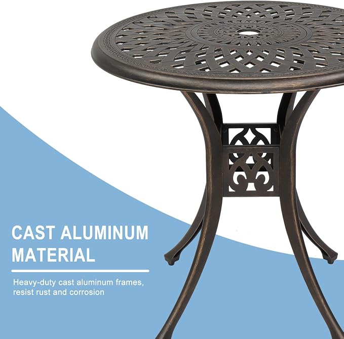 Patio Bistro Dining Table with Umbrella Hole,Cast Aluminum Backyard Bistro Round Table, Outdoor Garden Furniture Table