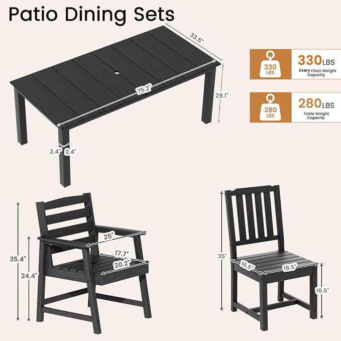 LOUNZY 5 Piece Patio Dining Set for 4, Outdoor Table and Chairs, Black | 4 person HDPE outdoor dining set 304 stainless steel, weather resistant up to 10 years, low maintenance patio set