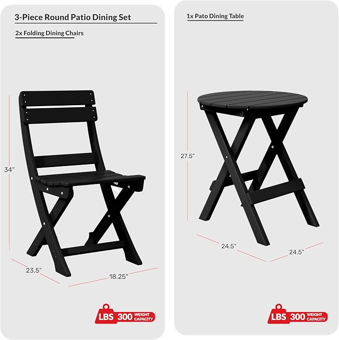 Costaelm Outdoor Bistro Table and Chairs Set of 2, Round Portable Folding Bar Height Barstool Set of 3, Tall Balcony Pub High Top Table 3 piece Patio Set for Deck, Backyard, Garden, Black