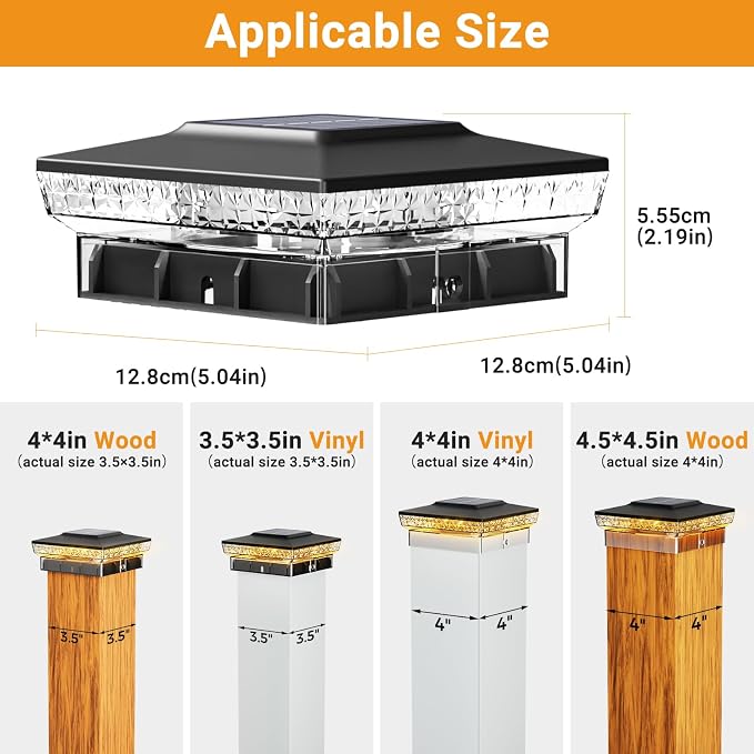 btfarm 12 Pack Solar Post Cap Lights Outdoor, 2 Color Modes 16 LED Fence Post Lights Fit 4x4 3.5x3.5 Wooden/Vinyl, Bright Waterproof Solar Powered Deck Lighting Outside for Patio Porch Garden, Black