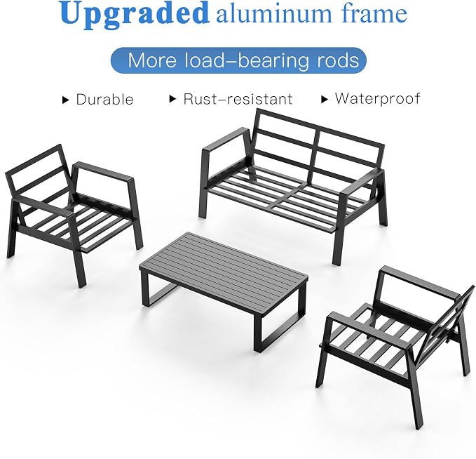 Aluminum Outdoor Patio Furniture Set, 4 Piece Sectional Coversation Sets with Coffee Table, Modern Outdoor Sofa Couch with Thick Cushions for Porch, Balcony, Garden, Blue