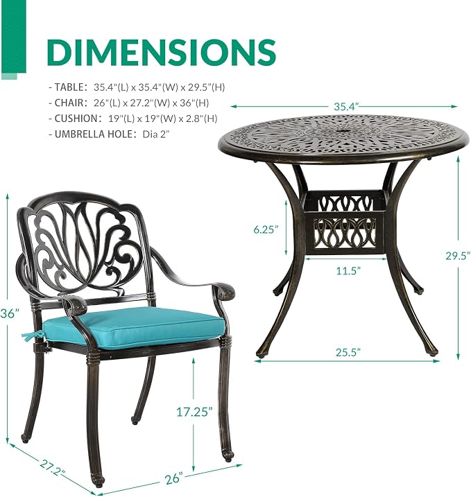VIVIJASON 5-Piece Outdoor Patio Dining Set, All-Weather Cast Aluminum Conversation Set, Patio Furniture Set Include 4 Cushioned Chairs, a 35.4 inch Round Table w/Umbrella Hole, Ocean Blue Cushion