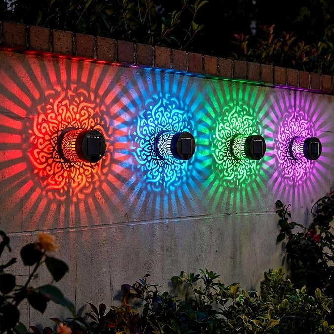 Decorative Solar Mandala Lights, Metal Solar Powered Outdoor Wall Lights Solar Powered Deck Step Stair Light, Waterproof Mandalas Fence Light for Garden Yard Backyard Post Patio Decor (4, Flower)