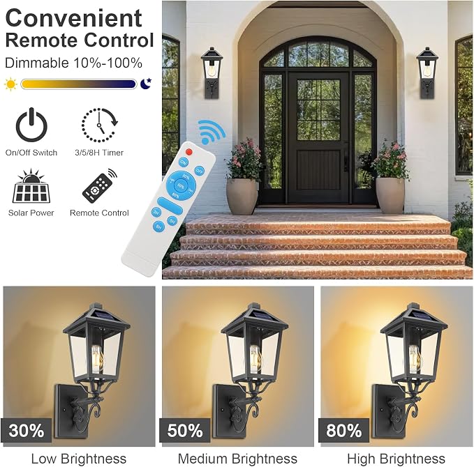 Solar Outdoor Wall Light, 17'' Vintage Lantern-Style Sconce with Remote Control, Alluminum Matte Black Weatherproof Exterior Lighting Front Porch Lights for House Garage Doorway Patio