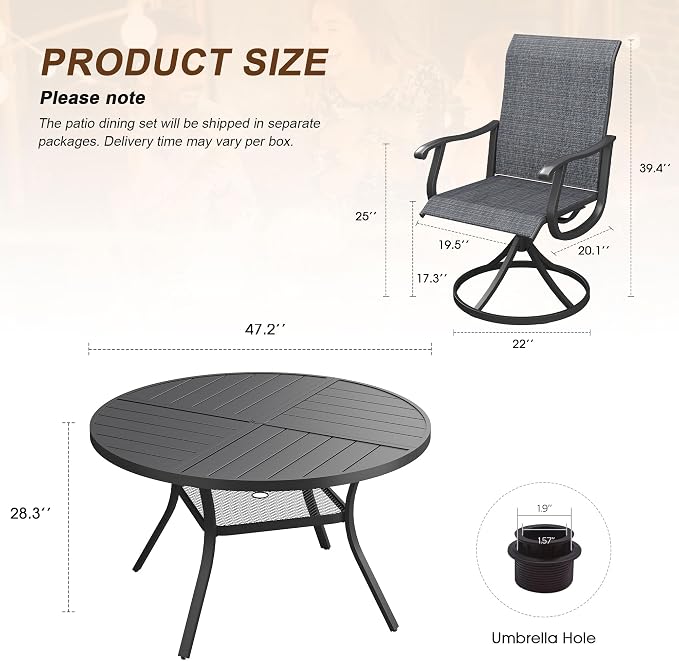 VICLLAX Patio 7 Pieces Outdoor Dining Set, 47.2" Round Metal Table with Umbrella Hole and Storage Shelf, 6 Swivel Textilene Chairs for Lawn, Garden, Porch, Black/Dark Grey