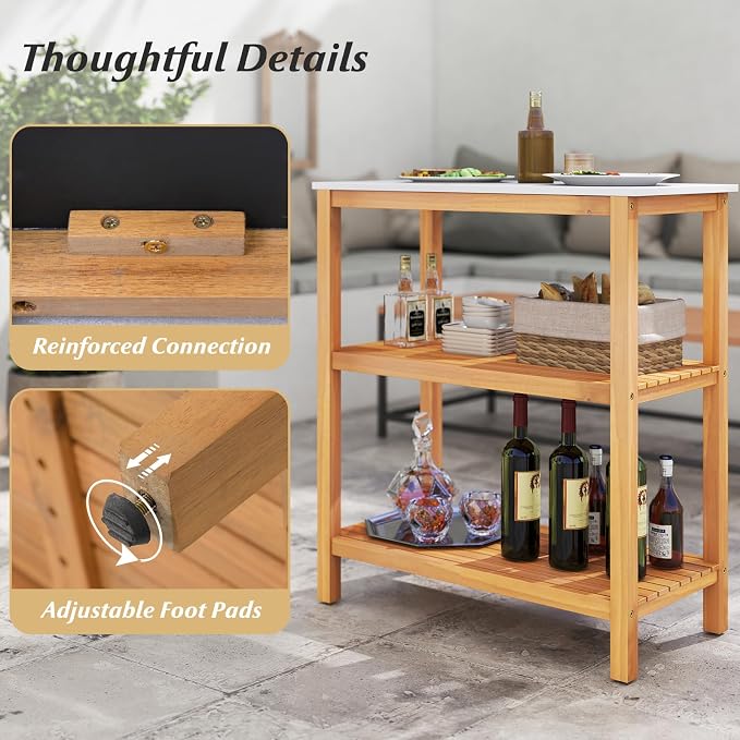 Goplus Patio Wooden Sideboard, 3-Tier Acacia Outdoor Kitchen Buffet Organizer w/Marble-Like Countertop & 2 Slatted Shelves, Garden Potting Bench Table & Plant Stand for Backyard, Garden, Deck