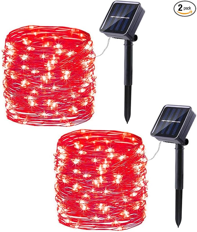 Lomotech Solar Fairy Lights Outdoor, 2 Pack Total 66ft 200 LED,Red | Solar String Lights Waterproof 8 Modes Twinkle Lights for Outdoor, Patio, Garden, Yard, Party, Wedding, Tree Decoration