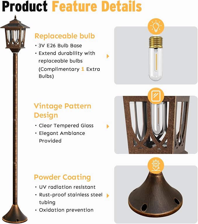63" Solar Lamp Post Light 2 Pack, Solar Light Posts for Outside Waterproof, Outdoor Lamps for Patio, Backyard, Front Porch Decor, Warm White, Replaceable Bulb