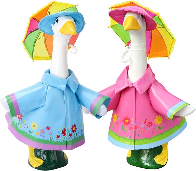 DECOHS 2 Set Raincoat Porch Goose Outfits, Summer Lawn Goose Statue Raincoat Costume, Yard Goose Clothes Raincoats Umbrella Hat Outfit for 23" Statue Patio Garden Decoration (Blue & Rosy)