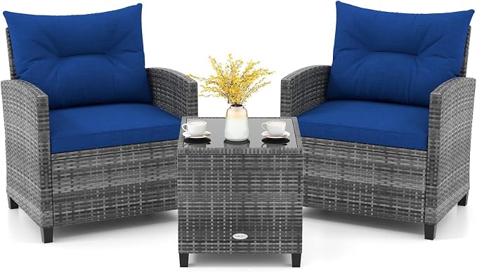 KOTEK 3 Piece Patio Furniture Set, Outdoor PE Rattan Conversation Set with Washable Cushions & Tempered Glass Tabletop, Wicker Chairs and Table Set for Porch, Garden, Balcony (Navy)