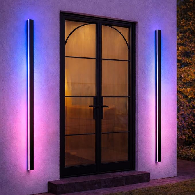 Outdoor Wall Lights, 2 Pack 71 Inch Black Exterior Light Fixtures Wall Mount, RGB Modern Porch Lights Wall Sconce, Long Linear Wall Outside Lighting for House, Garage, Front Door