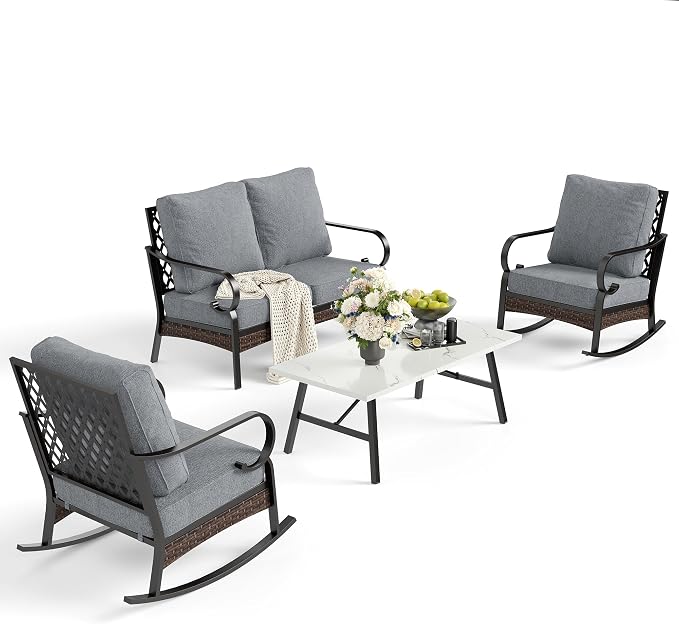 SUNSHINE VALLEY 4 Piece Metal Outdoor Patio Furniture Sets, Patio Conversation Sets 1 Loveseat, 2 Rocking Sofa with 5.75" Extra Thick Cushion and Coffee Table, Balck Frame Backyard Furniture, Gray