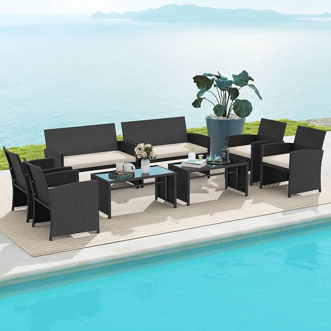 RELAX4LIFE 8-Piece Patio Furniture Set - Wicker Rattan Outdoor Sectional Sofa Set w/Glass Coffee Table, Loveseat, Chairs & Soft Cushions, Bistro Conversation for Garden Porch (2, Black-White)