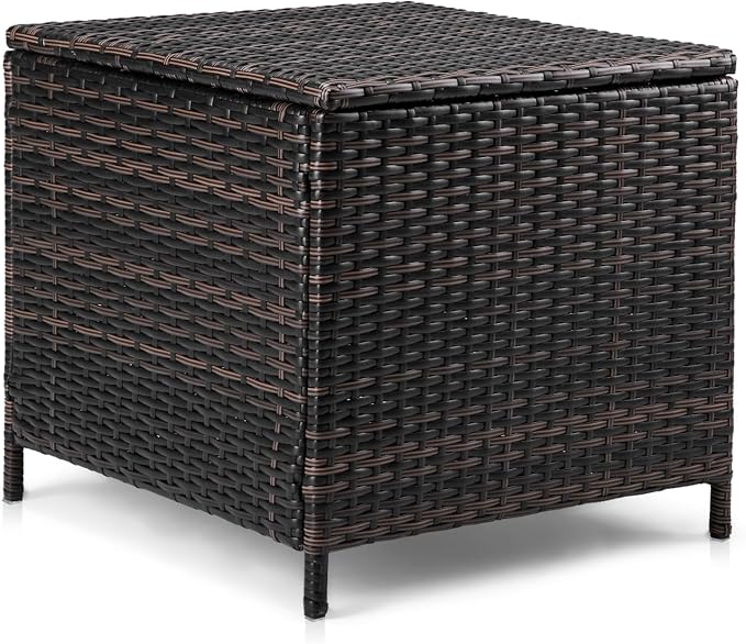 Outdoor PE Wicker Side Table with Storage, Patio Rattan End Table Square Container for Furniture and Gardening Tools