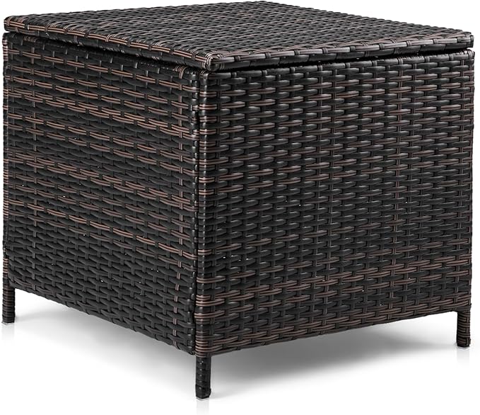 Outdoor PE Wicker Side Table with Storage, Patio Rattan End Table Square Container for Furniture Covers, Toys and Gardening Tools, Brown