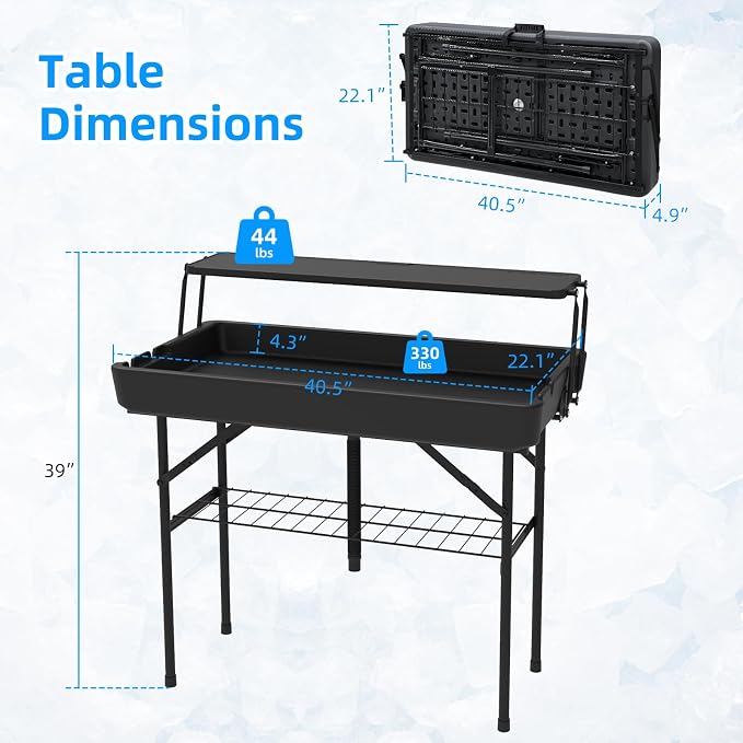Double-Layer Ice Cooler Folding Table, Party Chilling Table with Drain and Detachable Black Skirt to Keep Drinks Cool for Weddings, Outdoor, Picnics, Pool Parties